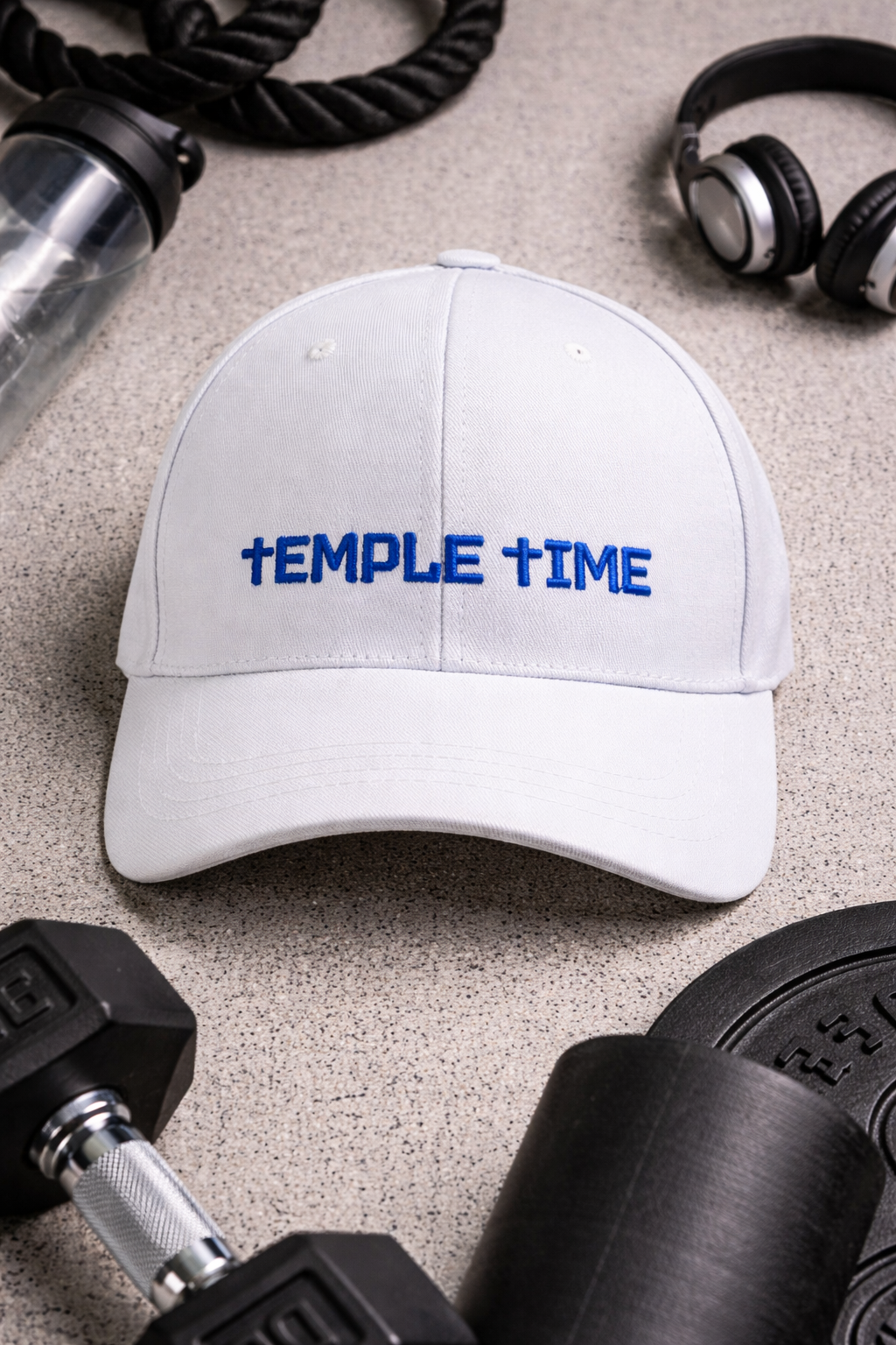 Temple Time Classic Snapback Cap (White with Royal Blue Embroidery)
