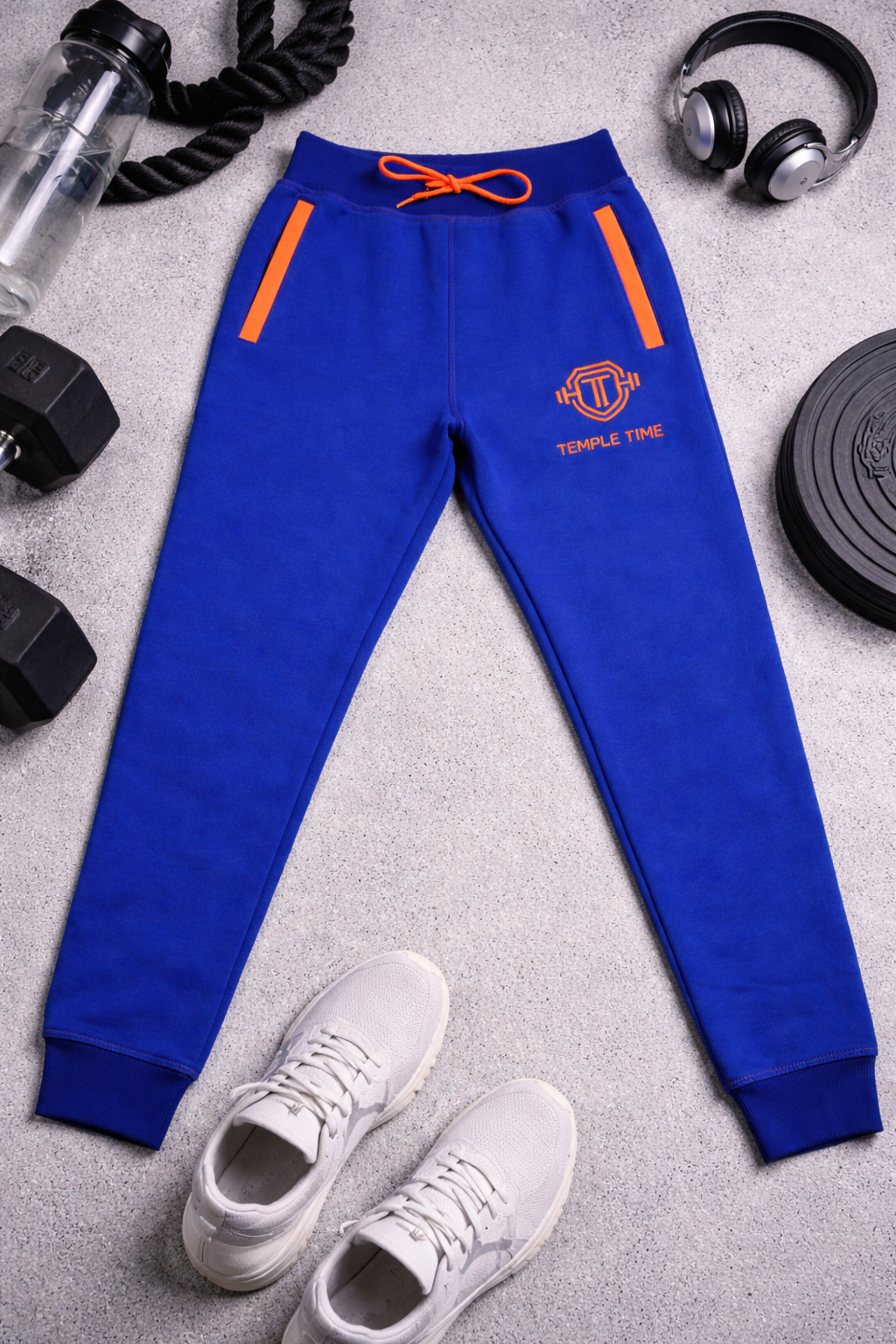 Temple Time Men's Cotton Fleece Joggers (Royal Blue with Orange Accents)