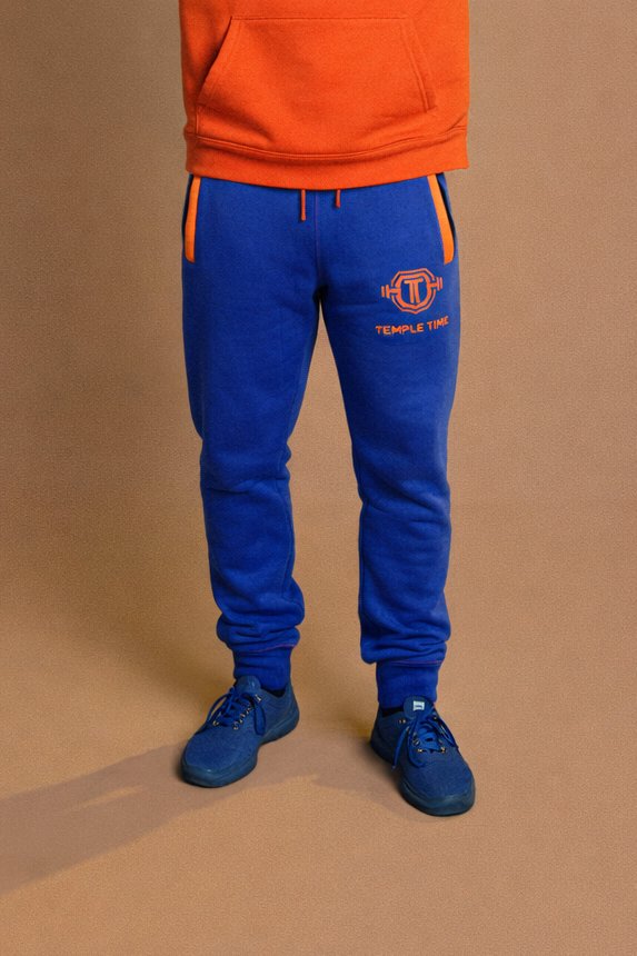 Temple Time Men's Cotton Fleece Joggers (Royal Blue with Orange Accents)